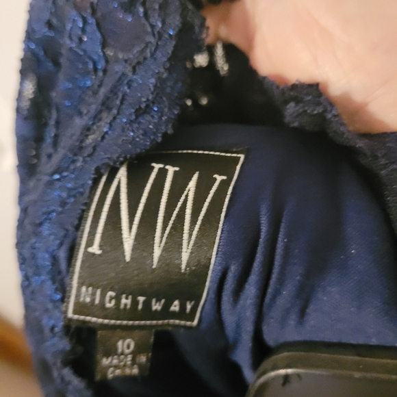 "Nightway" Navy Blue caplet evening dress size 10... unlined lace below knee. - Picture 1 of 6